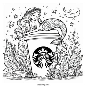 Beautiful Mermaid Resting On Top Of A Starbucks Coloring Page Cup Under The Sea