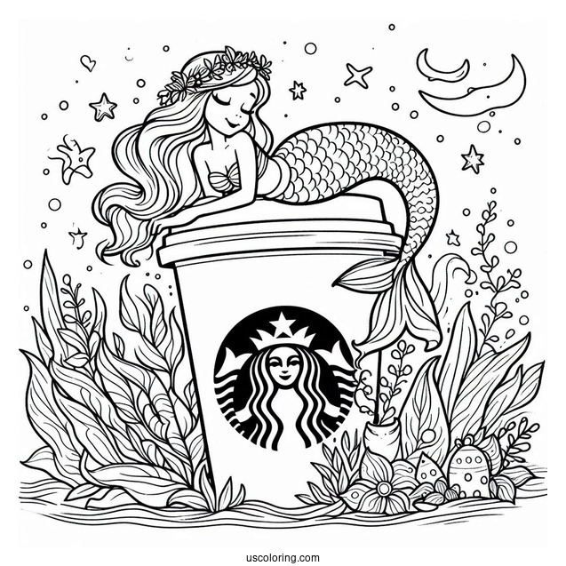 Beautiful Mermaid Resting On Top Of A Starbucks Coloring Page Cup Under The Sea