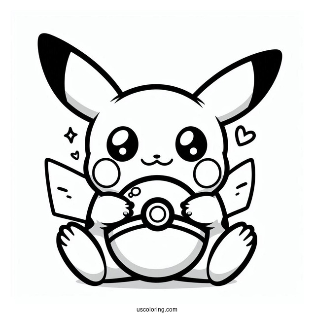 Kawaii Pikachu Hugging A Pokeball Coloring Sheet
