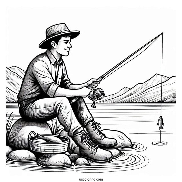 Easy Man Sitting On Rock Fishing Coloring Page