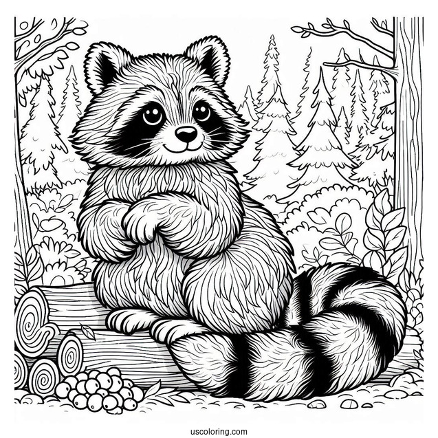 Detailed Furry Raccoon Coloring Page In A Forest