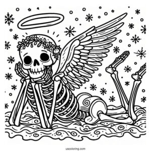 Skeleton Coloring Page Making Snow Angel On Christmas