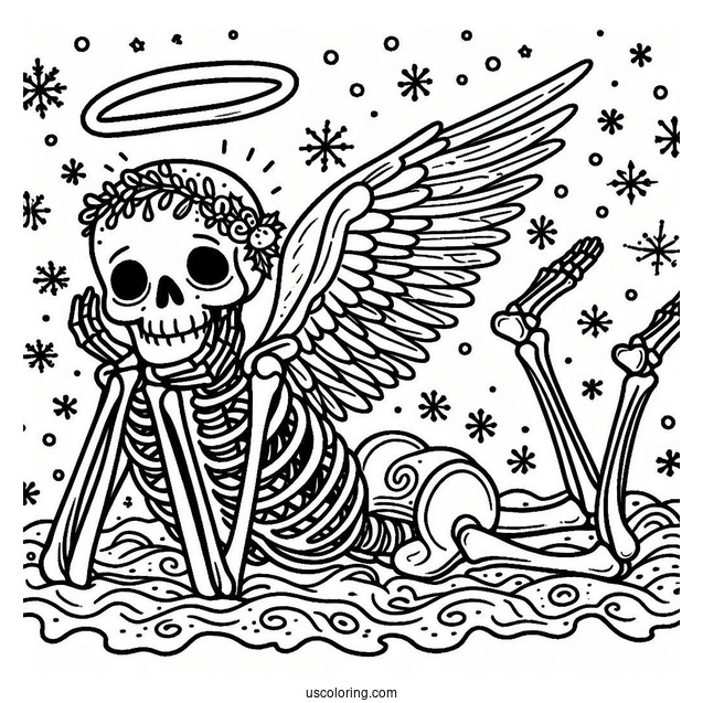 Skeleton Coloring Page Making Snow Angel On Christmas