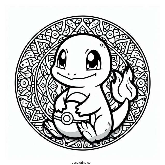Charmander Holding Pokeball Mandala Coloring Sheet