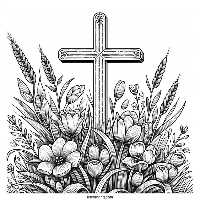 Easter Coloring Page Of Easter Cross With Flowers In A Field