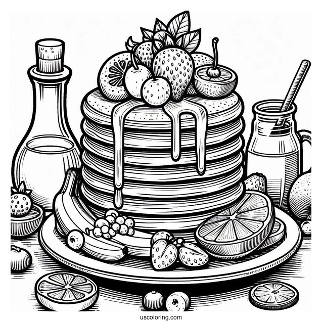 Pancake Coloring Page Towers With Fruits And Syrup