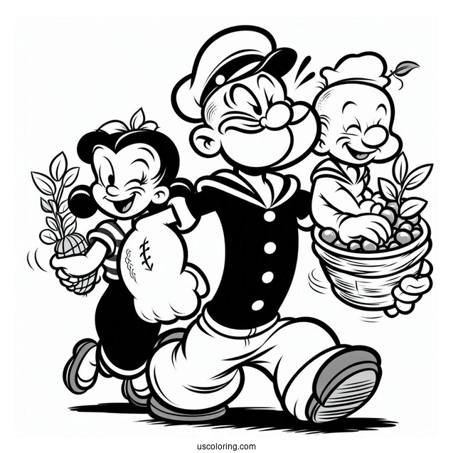 Popeye Coloring Page Carrying Swee Pea, Eugene, And Olive Oyl