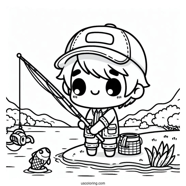 Fishing Coloring Page Of Kawaii Chibi Man Holding Fishing Rod In Front Of River