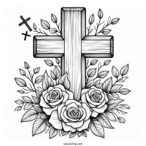 Wooden Cross With Roses To Color