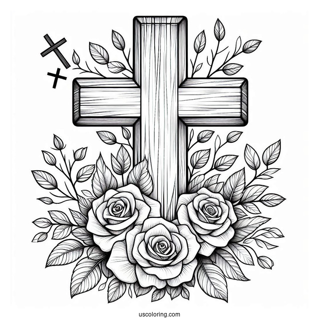 Wooden Cross With Roses To Color