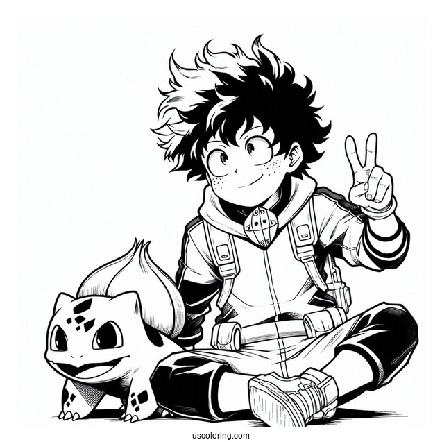 My Hero Academia Izuku Midoriya Crossover With Bulbasau Coloring Pager