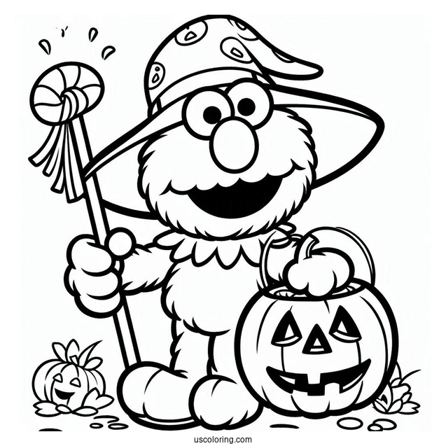 Elmo Trick-Or-Treating With Pumpkin To Color