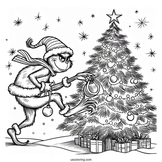 The Grinch Stealing a Christmas Tree Coloring Sheet