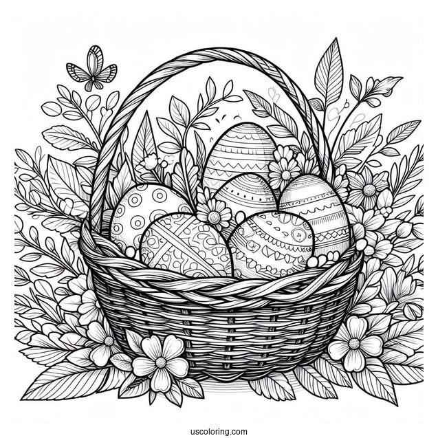 Detailed Basket Filled With Easter Eggs In Garden Coloring Sheet