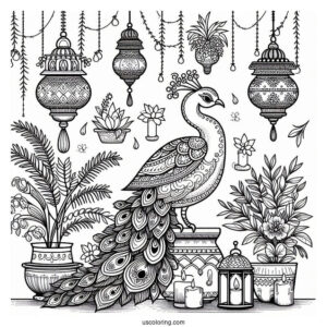 Elegant Peacock Coloring Page Among Hanging Lanterns And Potted Plants