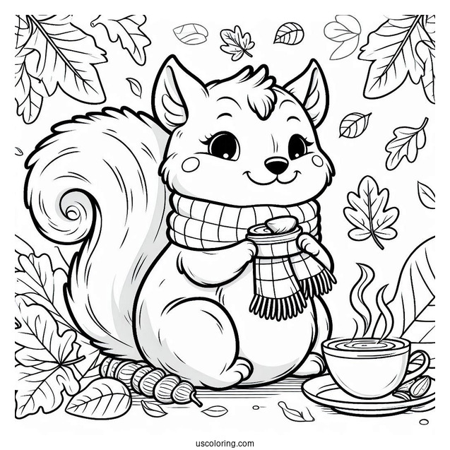 Squirrel Coloring Page Sitting On Fall Leaves With Scarf And Hot Drink