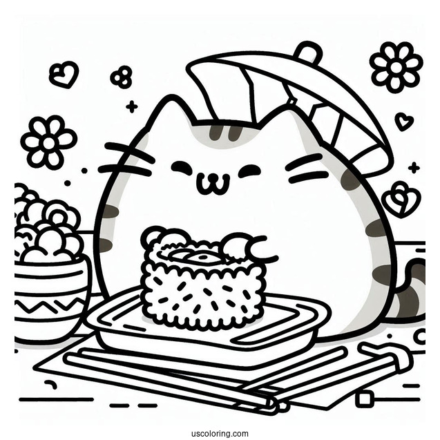 Pusheen Eating Rice And Sushi Coloring Page