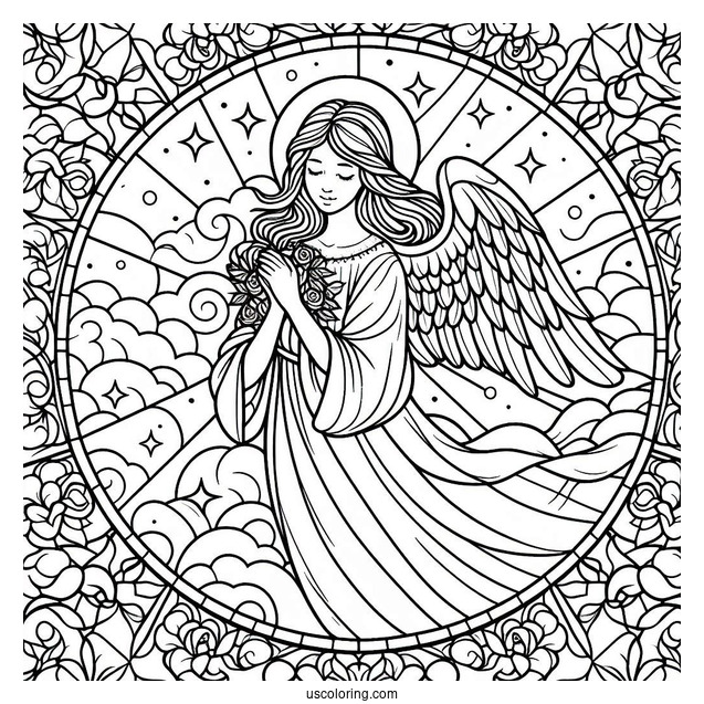Beautiful Angel In The Sky Stained Glass Coloring Page
