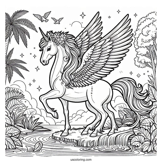 Beautiful Pegasus Coloring Page Standing By The River