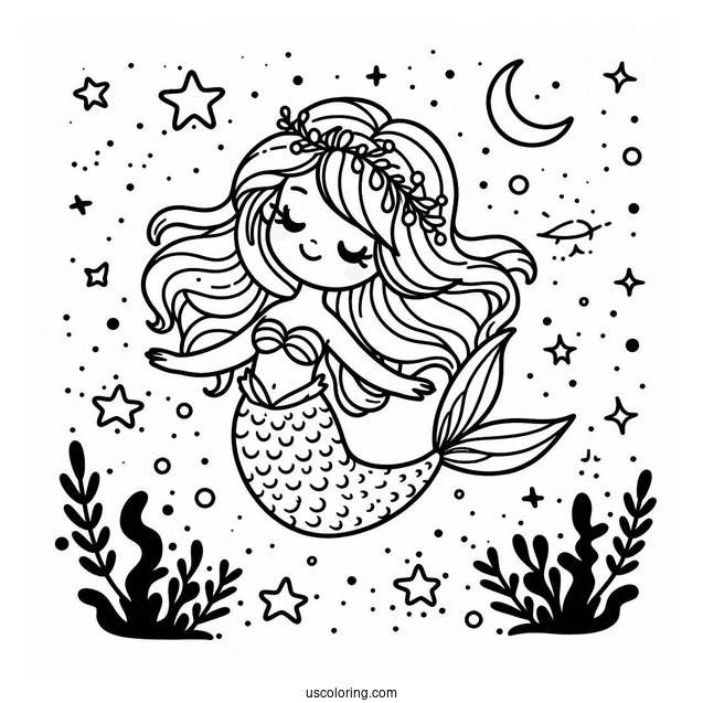 Cute Coloring Page Mermaid Swimming In The Night Sky