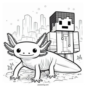 Axolotl Coloring Page Standing Beside Minecraft Steve