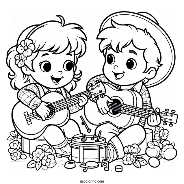 Sing Coloring Page Of Johnny And Ash Playing Music For Preschoolers