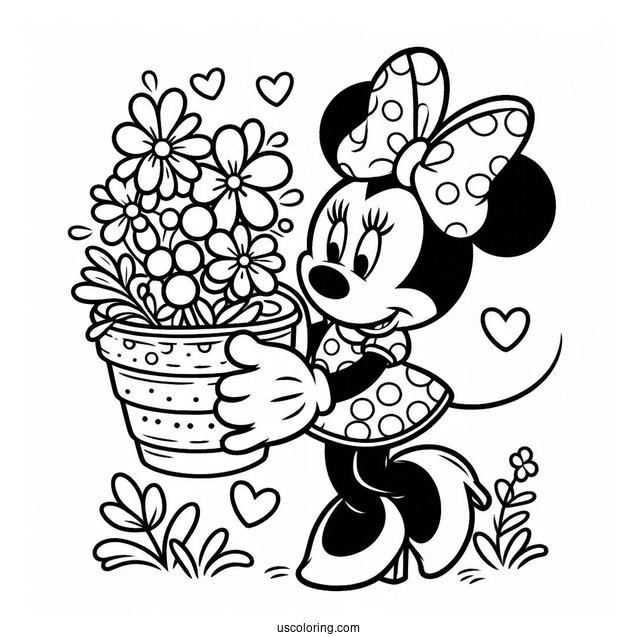 Minnie Mouse Carrying Spring Coloring Page Flower Pot