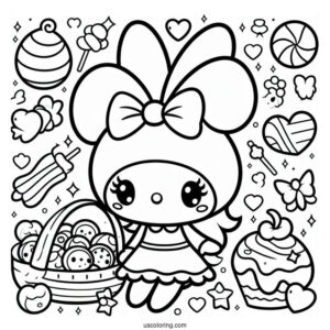 Cute My Melody Coloring Page Surrounded By Sweets