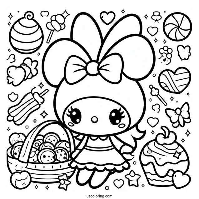 Cute My Melody Coloring Page Surrounded By Sweets