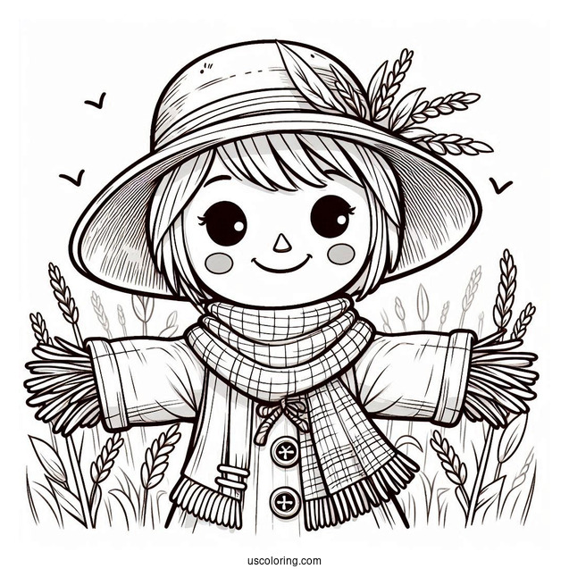 Smiling Scarecrow Coloring Page In The Field Wearing A Scarf