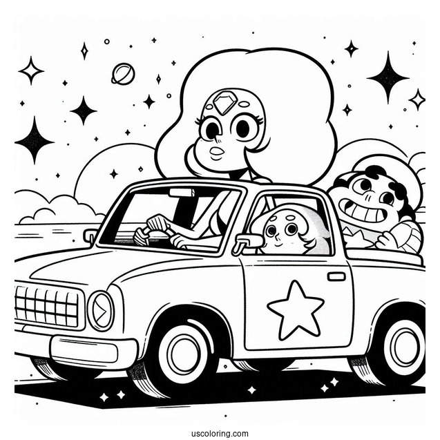 Steven Universe Coloring Page Of Driving Car With Pearl, Amethyst, Bismuth, And Garnet