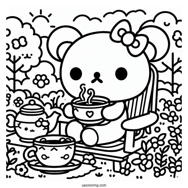 Rilakkuma Coloring Page Of Easy Chairoikoguma Having Tea In The Garden For Preschoolers