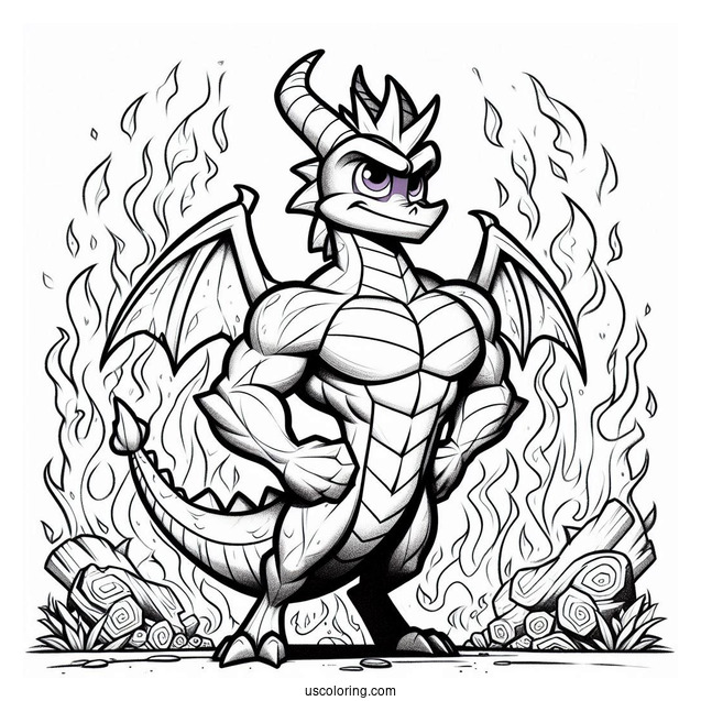Muscular Sypro Coloring Page Standing In Front Of Flames