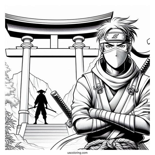 Realistic Ninja In Front Of A Torii Coloring Page