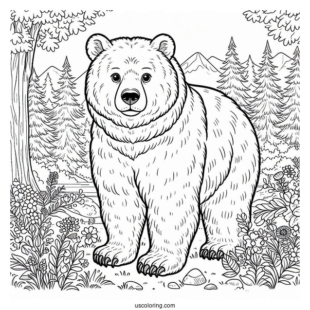 Easy Adult Bear Coloring Page Standing In Forest For Kids