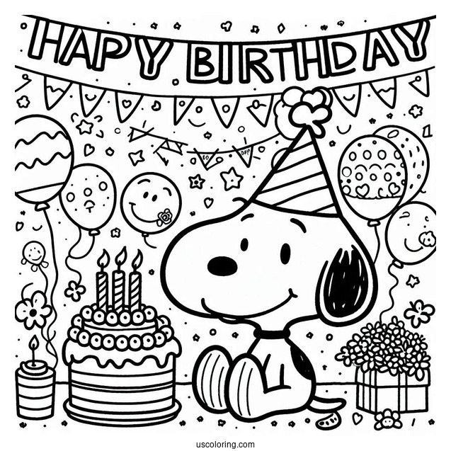 Happy Birthday Themed Snoopy To Color