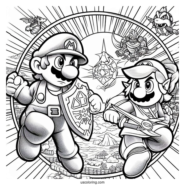 Super Smash Bros Coloring Page Of Mario Fighting Zelda