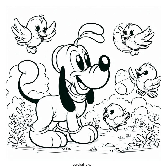 Pluto Coloring Page Playing With Birds