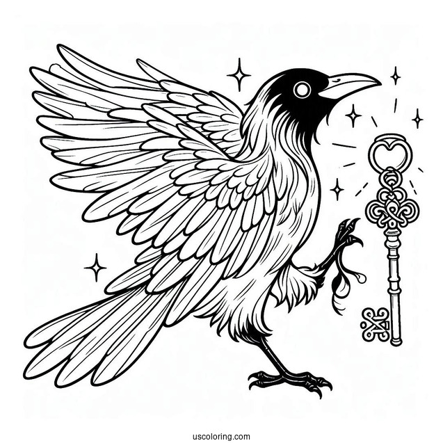 Easy Raven Coloring Page Carrying A Shiny Key For Kids
