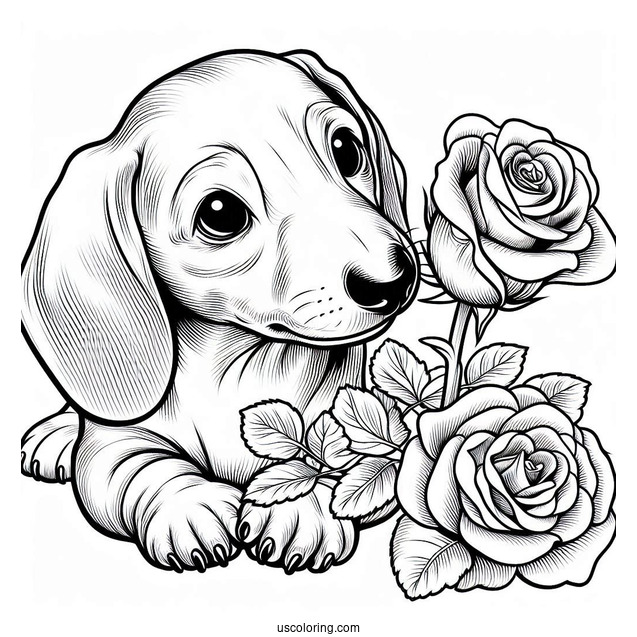 Dachshund Coloring Page Biting Down Rose