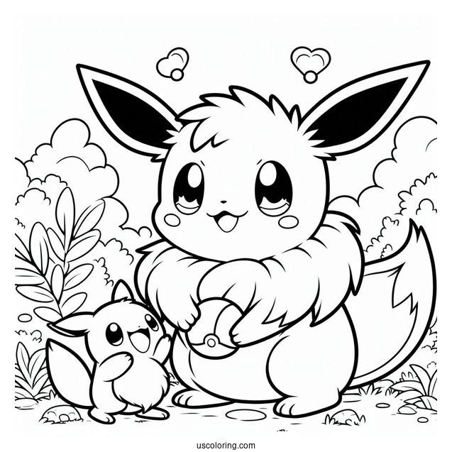 Coloring Page Of Little Eevee Playing With Gengar