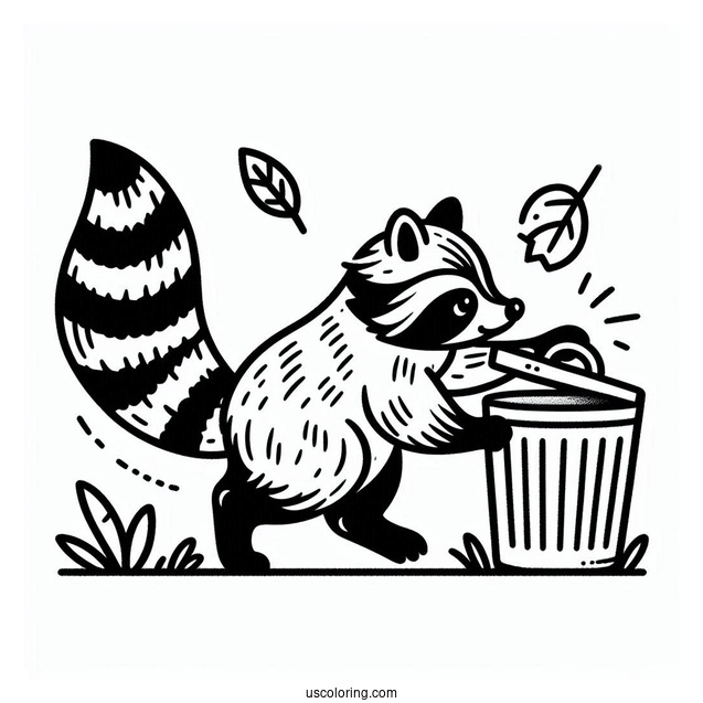 Raccoon Coloring Page Pushing A Garbage Bin