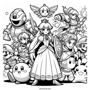 Super Smash Bros Coloring Page Of Princess Peach, Mega Man, Zelda, Samus, Mario, Kirby, Pikachu, And Ness