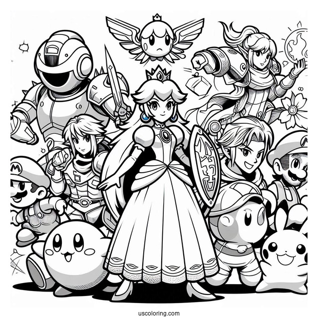 Super Smash Bros Coloring Page Of Princess Peach, Mega Man, Zelda, Samus, Mario, Kirby, Pikachu, And Ness
