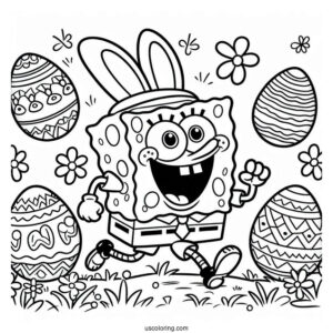 Easter Coloring Page Of SpongeBob In Bunny Costume Running With Easter Eggs