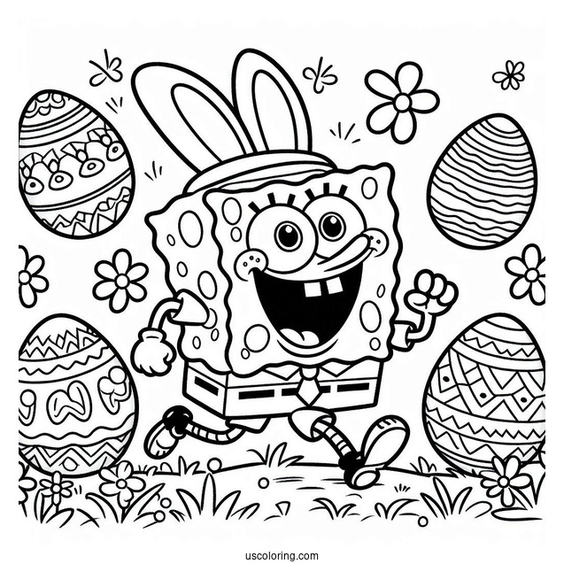 Easter Coloring Page Of SpongeBob In Bunny Costume Running With Easter Eggs