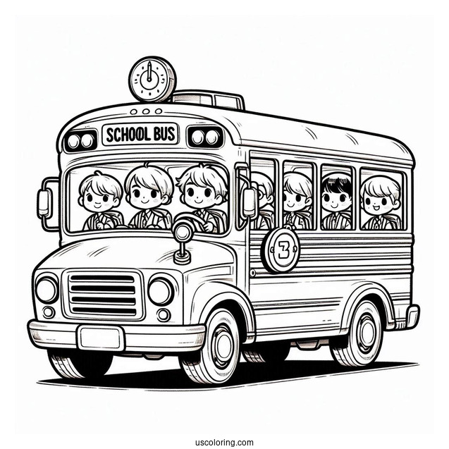Cartoon School Bus With Students And Driver