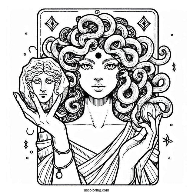 Medusa Coloring Page Holding Stone Head Tarot Card