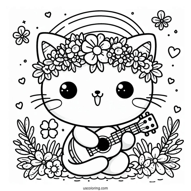 Kawaii Cat With A Flower Crown Playing The Ukelele