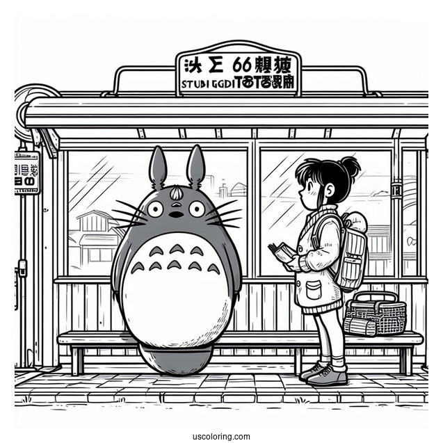 Studio Ghibli Coloring Page of Iconic My Neighbor Totoro At Bus Stop Poster